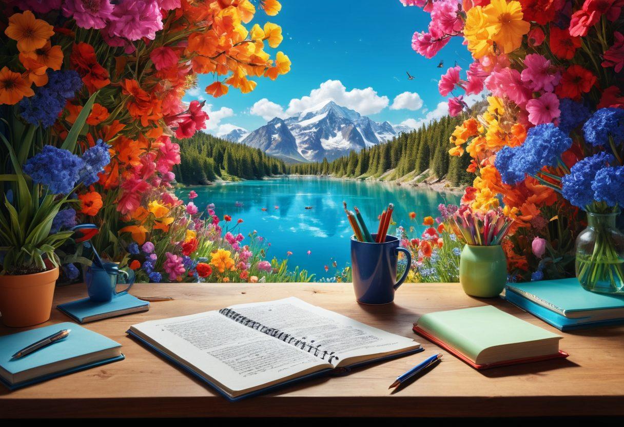 A colorful and visually dynamic scene where a writer sits at a desk surrounded by floating, vivid adjectives like 'vibrant', 'serene', 'intricate', and 'joyful' in artistic typography. The background features a dreamy landscape, symbolizing the power of descriptive language, with elements like blooming flowers and a clear blue sky. An open notebook with beautifully written phrases can be seen on the desk, emphasizing the creative process. vibrant colors. 3D effect.