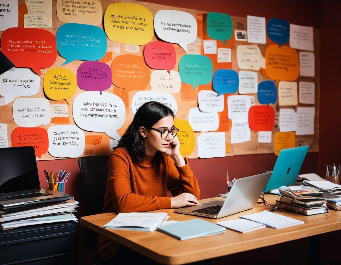 A thoughtful person sitting at a desk cluttered with various communication tools like a laptop, notebooks, and speech bubbles representing different languages. A warm light illuminates the scene, creating a cozy atmosphere. Behind them, a wall filled with inspiring quotes about communication and language. Vivid colors highlighting the tools and quotes stand out against a soft, blurred background. super-realistic. vibrant colors. warm tones.
