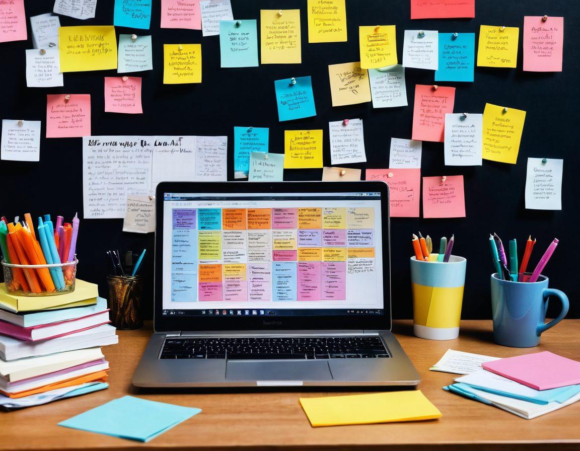 A creative workspace featuring a laptop with an open blog post, surrounded by colorful books on language and writing, sticky notes with powerful words, a steaming coffee cup, and a notepad for brainstorming. The background showcases a wall filled with inspiring quotes about language and communication. vibrant colors. cozy atmosphere. digital art.